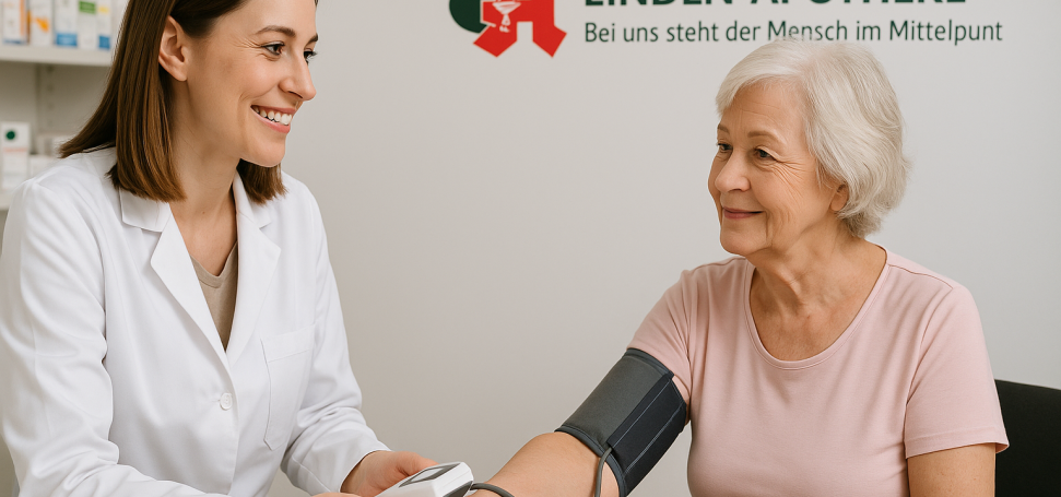 Apothekerin misst mit einem digitalen Blutdruckmessgerät den Blutdruck einer Seniorin in einem Apotheken-Beratungsraum. KI‑generiert
