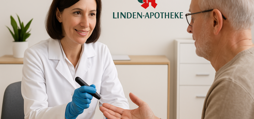 Eine Apothekerin misst einem älteren Mann mit einer Lanzette den Blutzucker, ein Messgerät liegt bereit auf dem Tisch. KI‑generiert