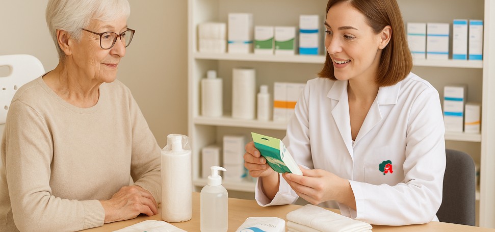 Eine Apothekerin berät eine ältere Frau zu Pflegehilfsmitteln wie Einmalhandschuhen, Einlagen und Desinfektionsmitteln in der Apotheke. KI‑generiert