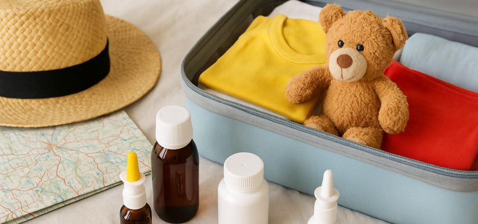 Symbolbild: Reiseapotheke für Kinder: Koffer mit Bär und Medikamente im Vordergrund. KI‑generiert 