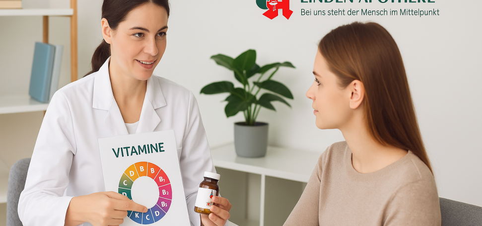 Apothekerin zeigt einer Kundin in einem Beratungsraum ein Vitamin-Diagramm mit der Aufschrift „Vitamine“ und hält ein Fläschchen mit Kapseln. KI‑generiert
