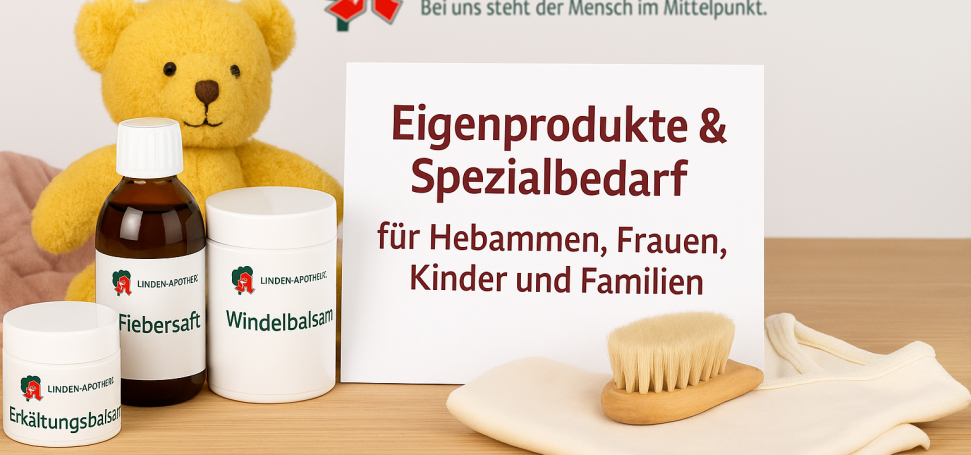 Ein Tisch in einer modernen Apotheke zeigt liebevoll zusammengestellte Pflegeprodukte für Frauen, Babys und Familien – inklusive Salben, Tropfen und Teemischungen - KI‑generiert