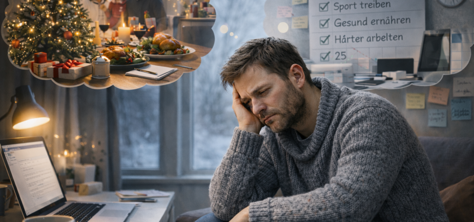 Mann sitzt vor Laptop und denkt an das schöne vergangene Weihnachten