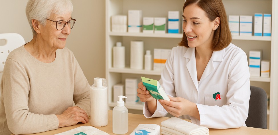 Eine Apothekerin berät eine ältere Frau zu Pflegehilfsmitteln wie Einmalhandschuhen, Einlagen und Desinfektionsmitteln in der Apotheke.