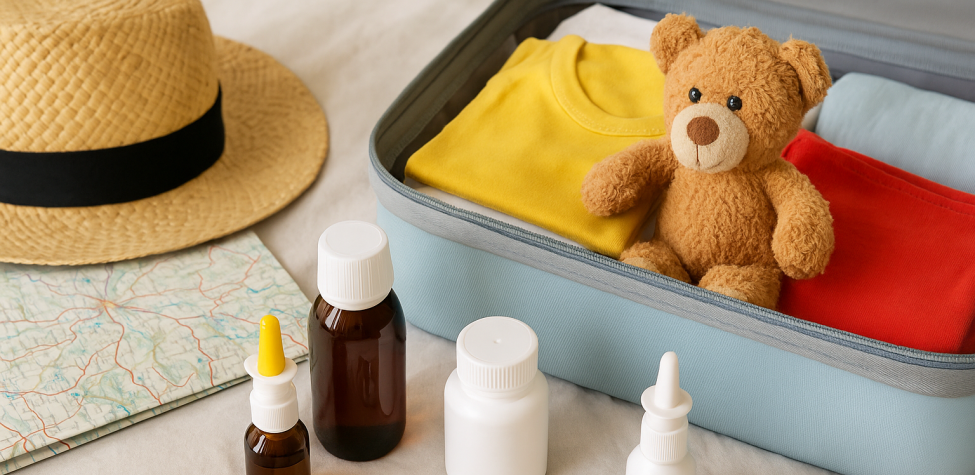 Symbolbild: Reiseapotheke für Kinder: Koffer mit Bär und Medikamente im Vordergrund