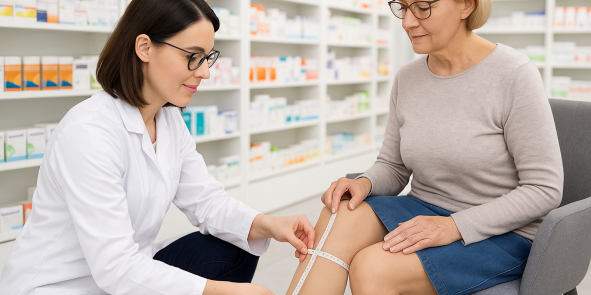 In einem diskreten Beratungsraum misst eine Apothekenmitarbeiterin im weißen Kittel mit einem Maßband den Oberschenkel einer Frau, die hautfarbene Kompressionsstrümpfe trägt. Beide sitzen sich auf Stühlen gegenüber. KI‑generiert