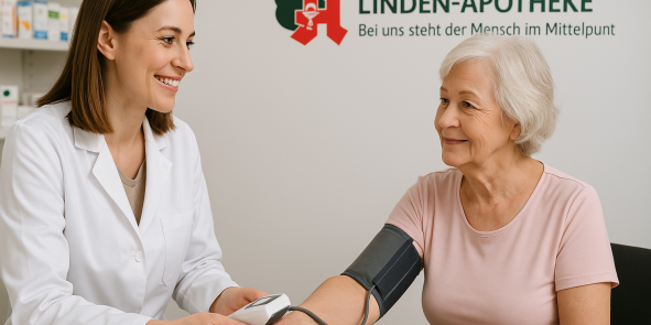 Apothekerin misst mit einem digitalen Blutdruckmessgerät den Blutdruck einer Seniorin in einem Apotheken-Beratungsraum. KI‑generiert