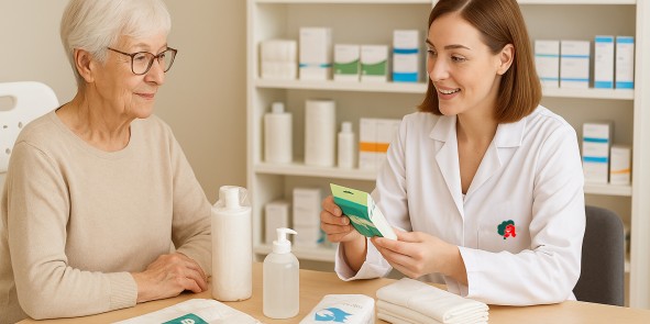 Eine Apothekerin berät eine ältere Frau zu Pflegehilfsmitteln wie Einmalhandschuhen, Einlagen und Desinfektionsmitteln in der Apotheke. KI‑generiert