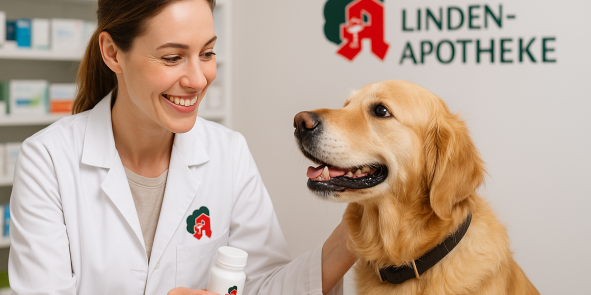 Eine Apothekerin mit weißem Kittel hält eine Medikamentenflasche und streichelt freundlich einen Golden Retriever in der Apotheke. KI‑generiert